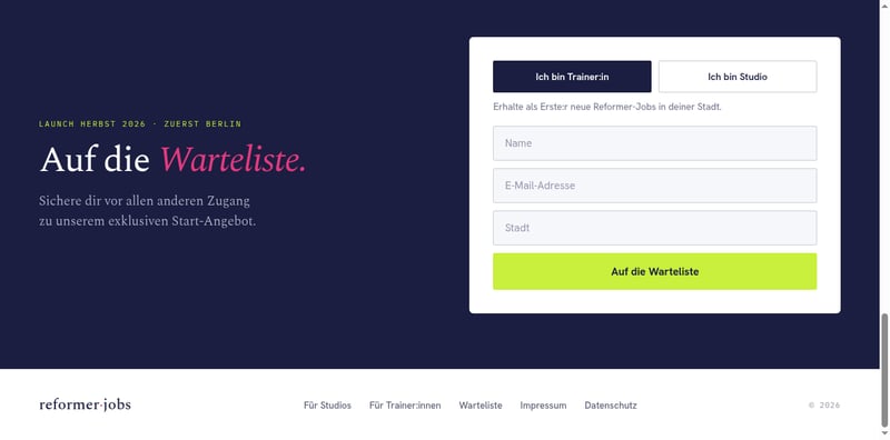 reformer·jobs Warteliste mit Formular für Trainer:innen und Studios